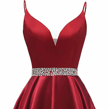 Girls Spaghetti Short Satin Prom Dress V-Neck Beaded Homecoming Evening Party Gowns