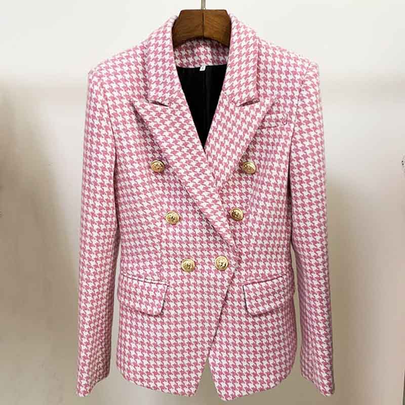 Women's Pink White Tweed Houndstooth Luxury Fitted Double Breasted Blazer Coat