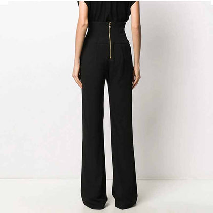 Women Hight Waisted Formal Pants Gold-tone Buttons Flare Trousers