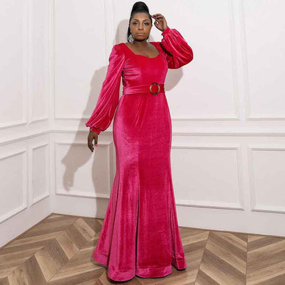 Women's plus size Velvet Mermaid Rosy Prom Dress Long Evening Party Dresses