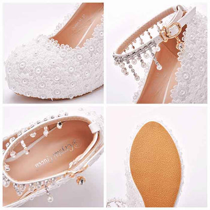 Women Wedding Platform Wedges Shoes Stick Lace Flowers Bride Pumps