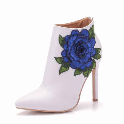 Women's Pointed Toe Ankle Boots White Embroidered Blue Rose Floral Boots
