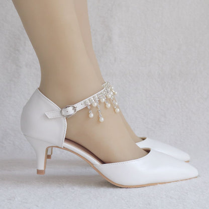 Women's Pointed Toe Ankle Strap Dress Shoes Wedding Party Pump with Pearl