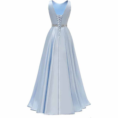 Women Long Prom Dress Satin A-Line with Beaded Belt Formal Evening Gown