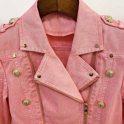 Womens Double Zipper Button Down Denim Biker Jacket