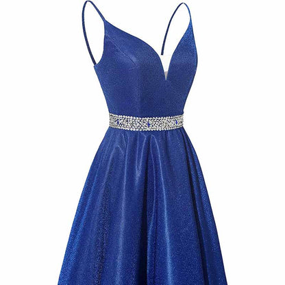 Women Prom Dress Long V-Neck Spaghetti Beaded Belt Formal Evening Ball Gowns