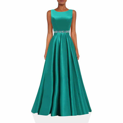 Women Long Prom Dress Satin A-Line with Beaded Belt Formal Evening Gown