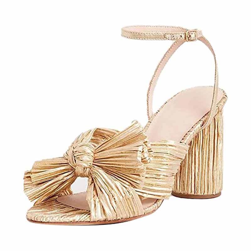 Women's Bow Knot Heeled Sandals Bridal Wedding Open Toe Ankle Strap Chunky Heels