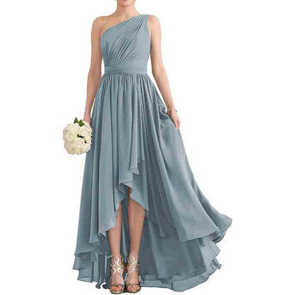 Women's One Shoulder Bridesmaid Dresses High Low Chiffon Evening Formal Gown with Pockets