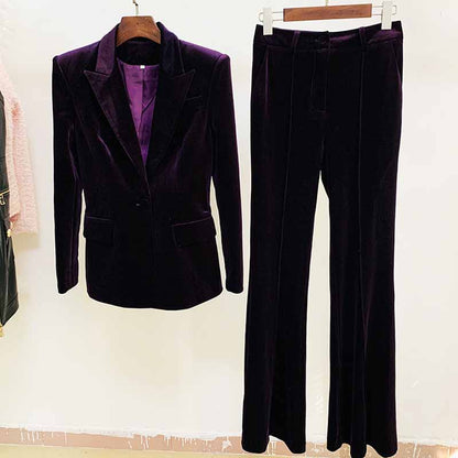 Women Velvet Blazer Pantsuit+ Flare Trousers Suit