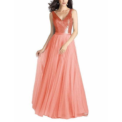 Sequin Evening Gowns V Neck Sleeveless Ball Prom Party Dress