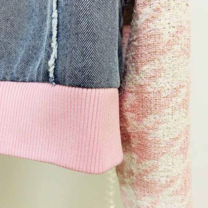 Women Luxury Denim Pink Houndstooth Tweed Jacket Coat Top + Mini Skirt 2 Piece Suit