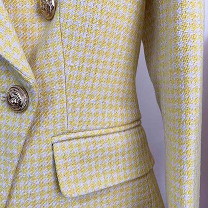 Women's Fitted Gold Lion Buttons Fitted Jacket Yellow Houndstooth Check Blazer
