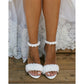 White high-heeled sandals thick heels elegant wedding party shoes