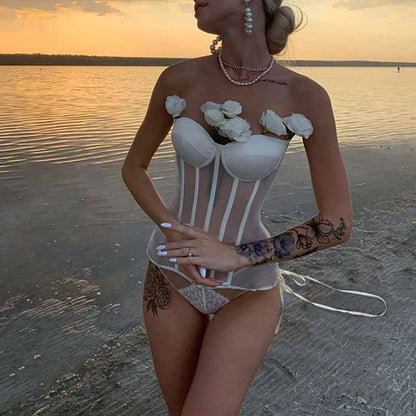 Women's Lace Longline Mesh Corset Strapless Bustier Crop Top