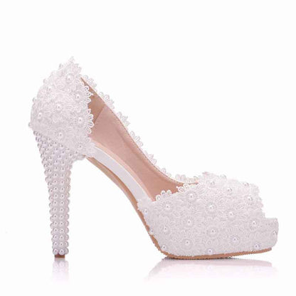 Women's Lace Stiletto High Heels Platform Wedding Pumps Peep Toe Bride Shoes