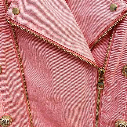 Womens Double Zipper Button Down Denim Biker Jacket
