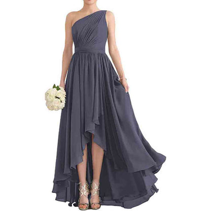 Women's One Shoulder Bridesmaid Dresses High Low Chiffon Evening Formal Gown with Pockets