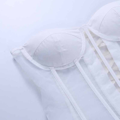 Women's Lace Longline Mesh Corset Strapless Bustier Crop Top