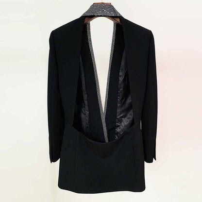 Women Deep V Rhinestone Blazer in Black Backless Coat Dress