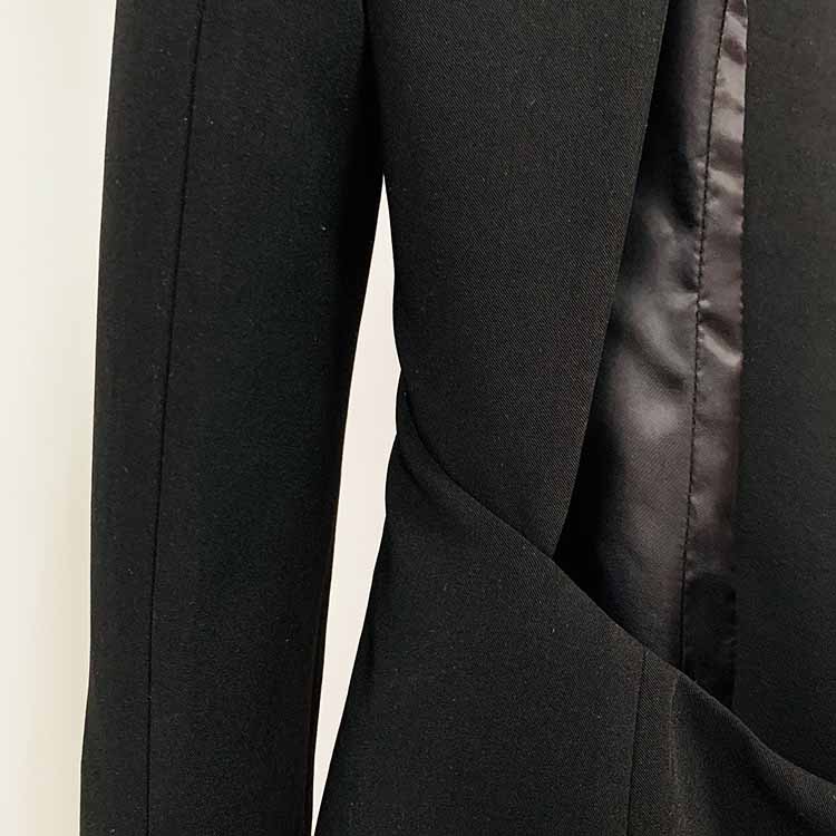 Women Deep V Rhinestone Blazer in Black Backless Coat Dress