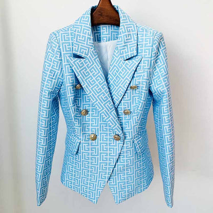 Women's Blue Blazer Labyrinth Pattern Jacket Coats with Gold Buttons