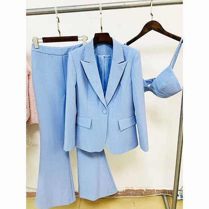 Women's Pantsuit Bling Bling Bra+ Blazer + Flare Trousers 3 Pieces Suit