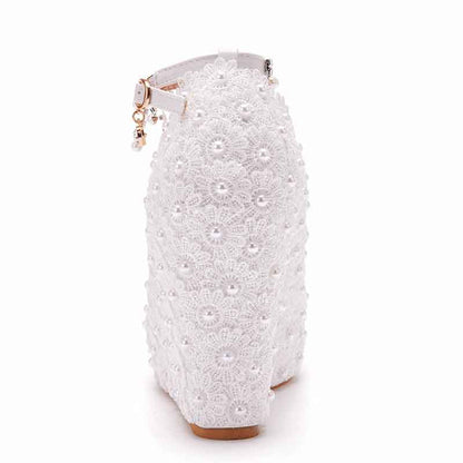 Women Wedding Platform Wedges Shoes Stick Lace Flowers Bride Pumps
