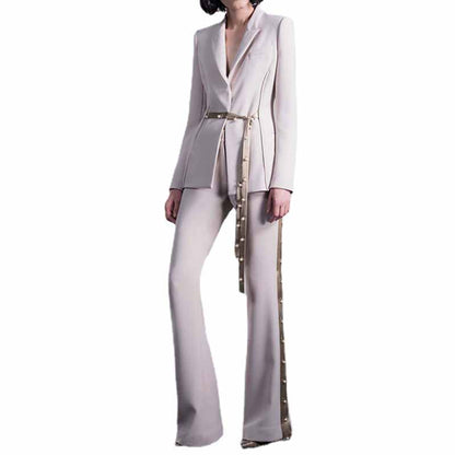 Women White Blazer Lace up Closure Coat + Flare Trousers Suit