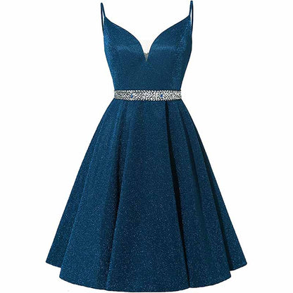 Girls Spaghetti Short Satin Prom Dress V-Neck Beaded Homecoming Evening Party Gowns