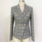 Women's Double Breasted Lion Button Blazer Slim Fitting Plaid Jacket