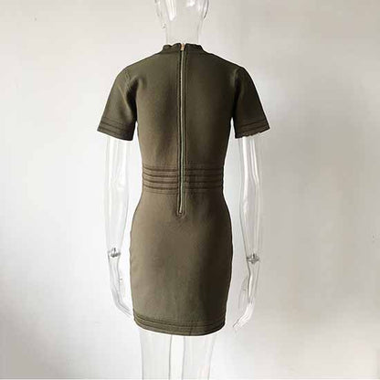 Women Button-up Knitted Minidress Ribbed-knit Short-sleeve Dress