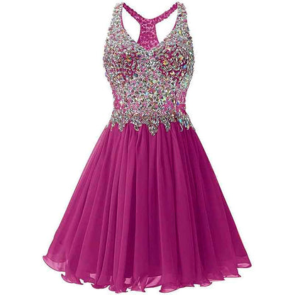 Women's Beaded Chiffon Homecoming Dresses Short Prom Gown Short Cocktail Party Dress