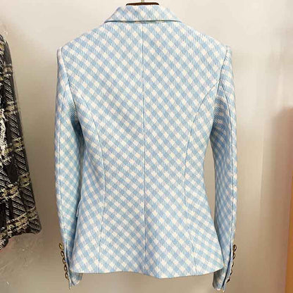Women's Fitted Golden Lion Buttons Luxury Blue Checked Blazer