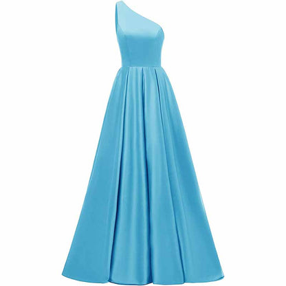 Women's One Shoulder Prom Dress Long Satin Formal Evening Ball Wedding Gowns