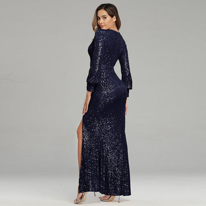 Women Long Prom Dress Sequin Party Dress Long Sleeve High Split Rose Gold Evening Dress