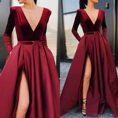 Satin Wedding Dress Gown Prom Party Dress Long Sleeve High Split Maxi Gowns