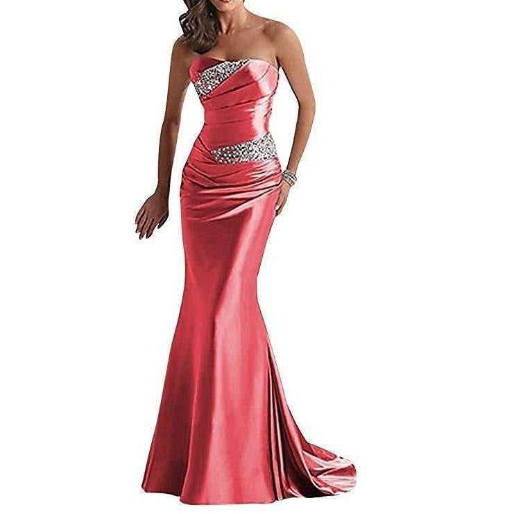Elegant beaded mermaid evening dress in pink with a strapless design and fitted silhouette