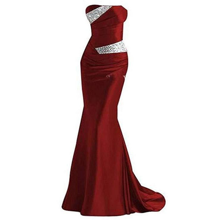 Elegant red beaded mermaid evening dress with strapless design and sparkling embellishments