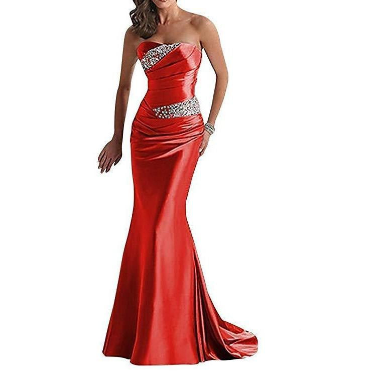 Red strapless beaded mermaid evening dress with elegant detailing for special occasions
