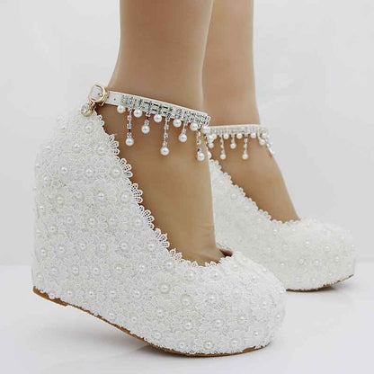 Women Wedding Platform Wedges Shoes Stick Lace Flowers Bride Pumps