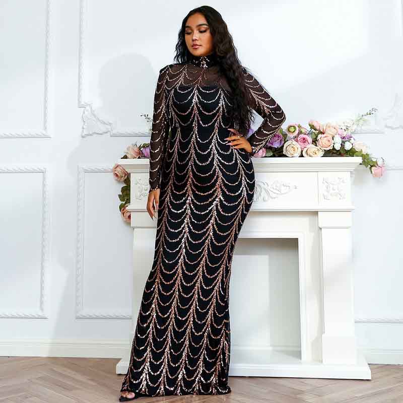 Women Plus Size Black Sequin Evening Dresses Long Formal Maxi Dresses