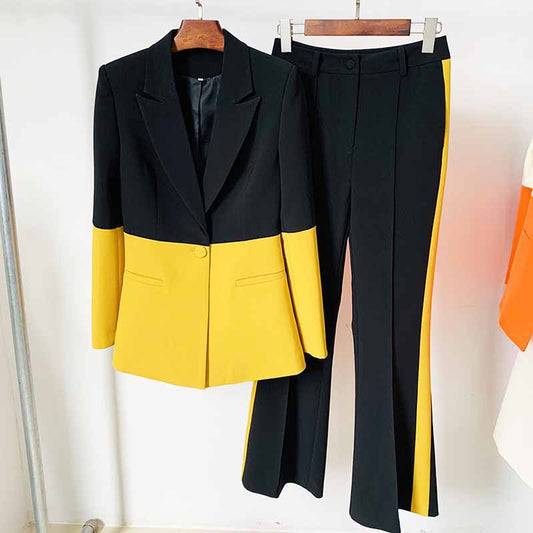 Women's Black Yellow Two Piece Pantsuit + Flare Bottoms Two Piece Pantsuit Set
