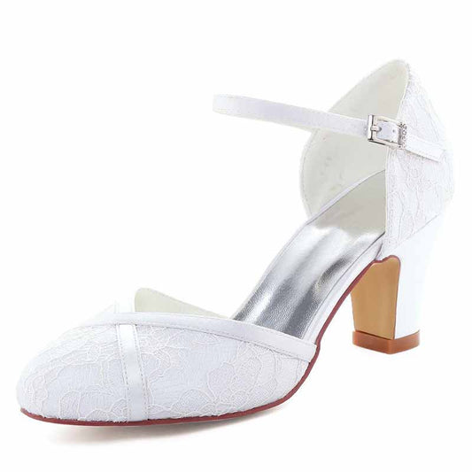 Women's Bridal Shoes Closed Toe Block Mid Heel Lace Satin Pumps Wedding Shoes