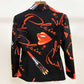 Womens Black Printing Blazer + Flare Trousers Suit Two Piece Formal Pantsuits