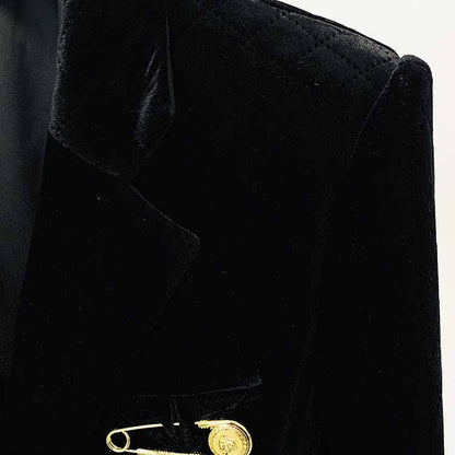 Women Golden Lion Buttons Big Pin Brooch Velvet Quilted Jacket Short Fitted Blazer Black