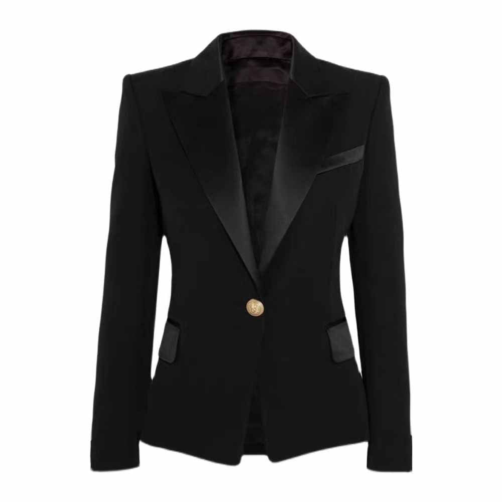Women's Luxury Satin Collar Blazer Golden Lion Buttons Black