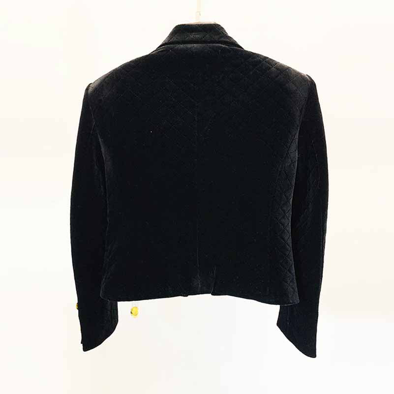 Women Golden Lion Buttons Big Pin Brooch Velvet Quilted Jacket Short Fitted Blazer Black