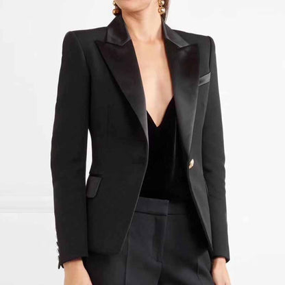 Women's Luxury Satin Collar Blazer Golden Lion Buttons Black