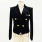 Women Golden Lion Buttons Big Pin Brooch Velvet Quilted Jacket Short Fitted Blazer Black